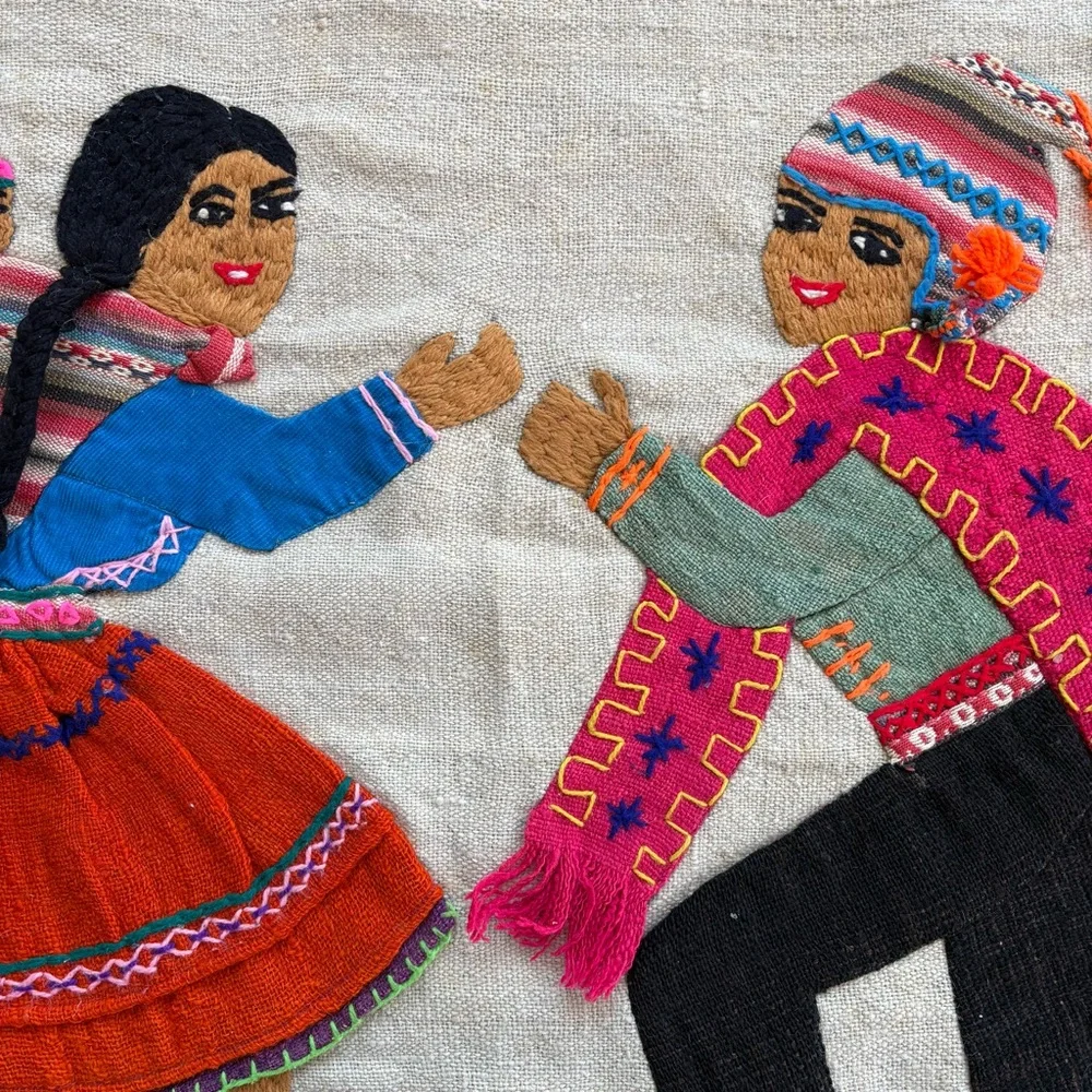 Chile/Peru Embroidered Weaving Textile Tapestry Man and Woman with Baby Dancing